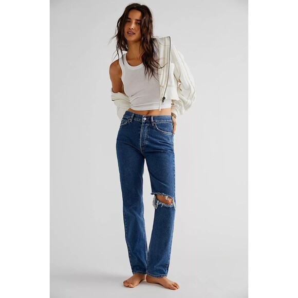 We The Free People Lasso Denim Jeans 25 Medium Blue Straight Distress High Rise - Picture 1 of 15